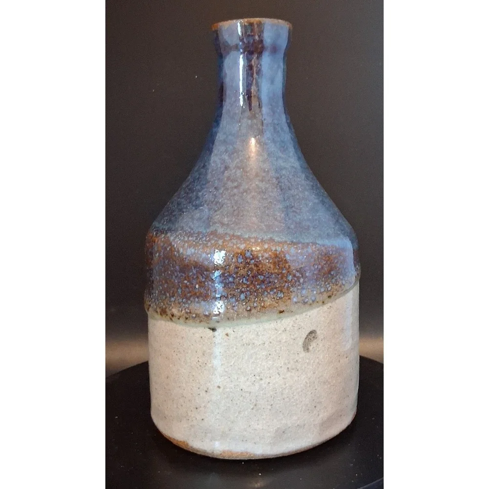 Signed Studio Pottery Vase Blue Beige Two Tone Glazed Bottle 7 Inch